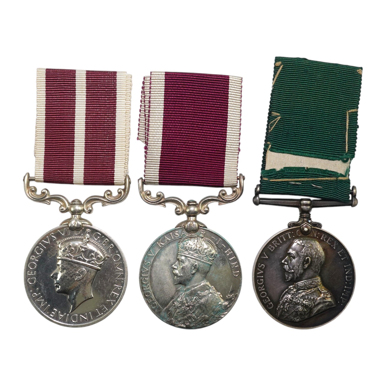 A Geo V India Meritorious Service Medal 1888 to 3999 Sepoy Bhuluam Mohd 3/16 Punjab R., Geo VI Meritorious Service Medal to Indian Army M.E. 57074 Hav Khansi Ram IEME, Geo V Colonial Auxiliary Forces Long Service medal u